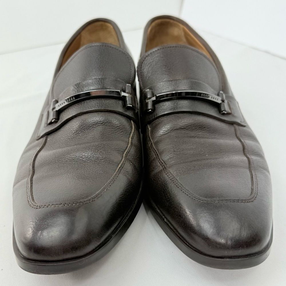 Hugo Boss Brown Leather Silver Tone Horse Bit Slip On Dress Loafer Shoes - Picture 5 of 15